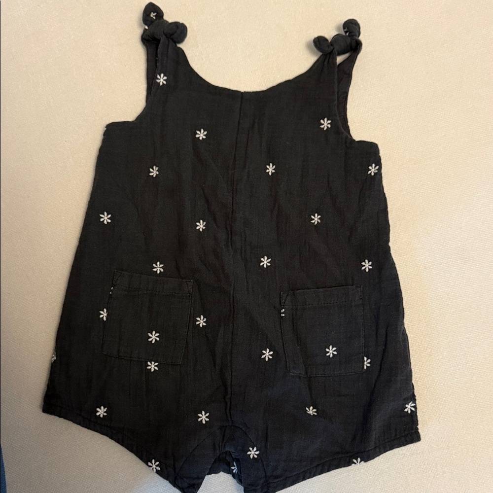 BabyGAP Black Linen Romper with White Floral Embroidery